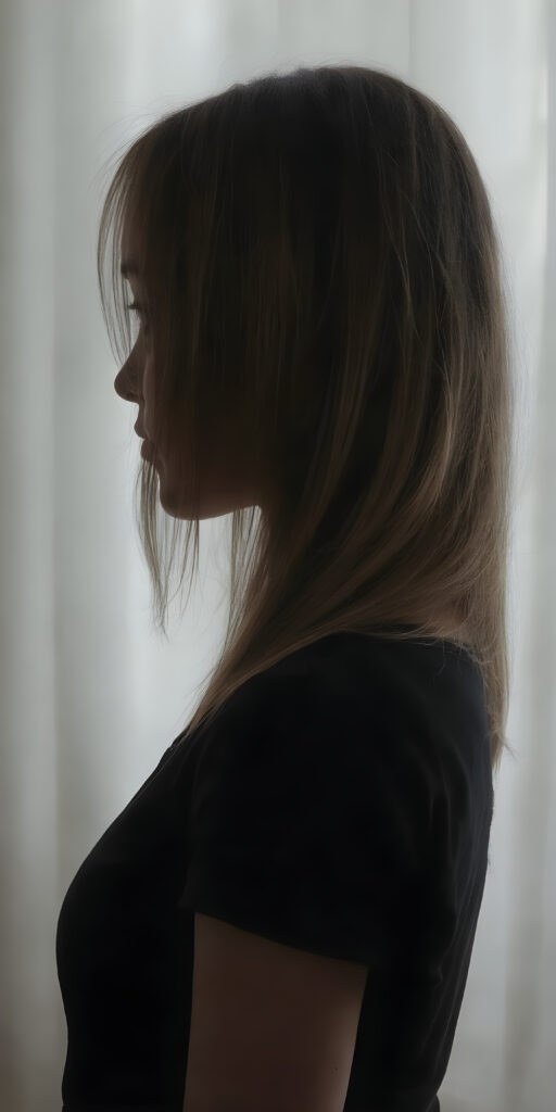 full body pictures, a silhouette of a young girl with long straight soft hair. Side view. She has a perfectly formed body and her feminine curves are set in scene, a white curtain is in the background, she wears a tight black t-shirt