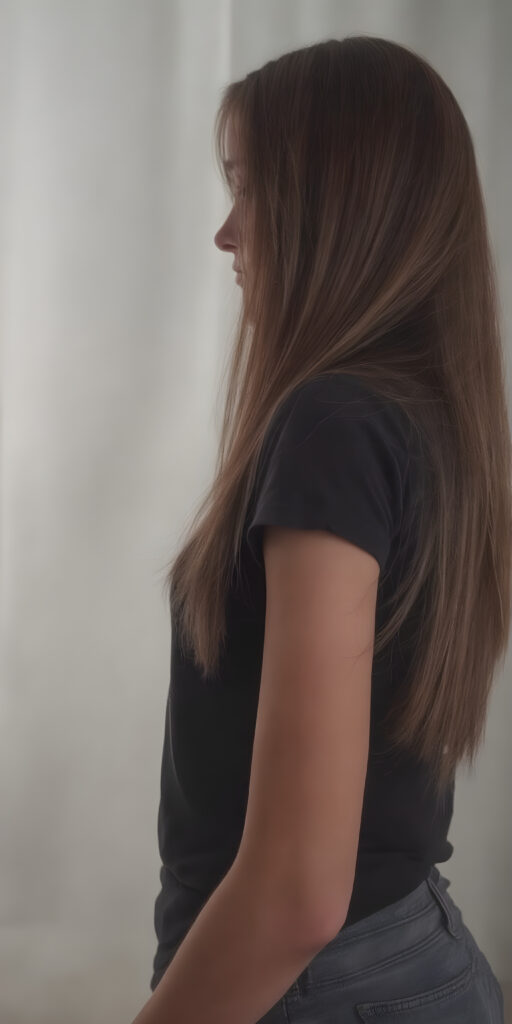 full body pictures, a silhouette of a young girl with long straight soft hair. Side view. She has a perfectly formed body and her feminine curves are set in scene, a white curtain is in the background, she wears a tight black t-shirt