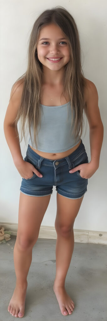 (((full body shot)) a (((vividly beautiful young girl, 18 years old))), with incredibly strong, thick, natural legs and a perfectly toned, intricate female form, dressed in a (((short cropped tank top, deep v-neck and short jeans pants))) that emphasizes her natural beauty, featuring straight, full soft hair that gives off a gentle glow. Her smile radiates warmth and confidence, perfectly accentuating her adult face. She exudes perfect physical and emotional health, representing a stunning 8K image that captures her perfectly serene yet playful essence