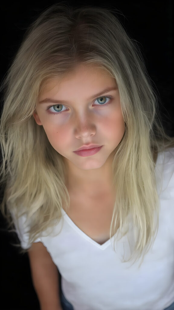 full body shot of a stunningly beautiful young girl, age 15, with ((white long straight jet hair (luminous)), flowing down to her waist, and (((bright amber eyes))), that match perfectly with her flawless complexion. She's dressed in a tight ((white short t-shirt, deep v-neck)), and ((cute (flared) jeans)), perfectly complemented by her (perfectly proportioned figure). Her look exudes seduction and playfulness, as she gazes directly at the viewer. Her focus on the camera is intense, with a soft, inviting expression that draws you in. The background is black, providing a perfect contrast to her youthful face, and making her features stand out perfectly.