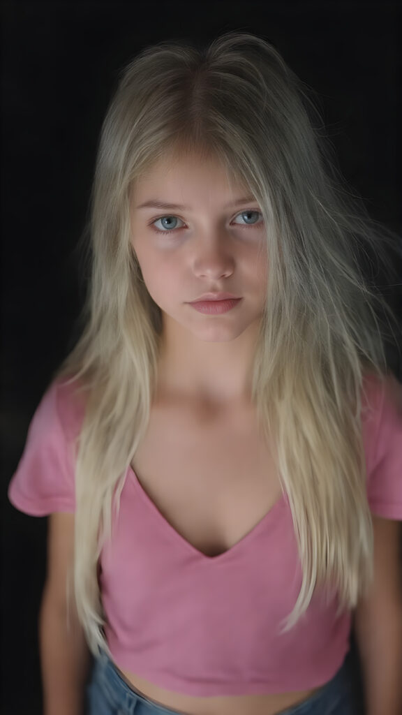 full body shot of a stunningly beautiful young girl, age 15, with ((white long straight jet hair (luminous)), flowing down to her waist, and (((bright amber eyes))), that match perfectly with her flawless complexion. She's dressed in a tight ((white short t-shirt, deep v-neck)), and ((cute (flared) jeans)), perfectly complemented by her (perfectly proportioned figure). Her look exudes seduction and playfulness, as she gazes directly at the viewer. Her focus on the camera is intense, with a soft, inviting expression that draws you in. The background is black, providing a perfect contrast to her youthful face, and making her features stand out perfectly.