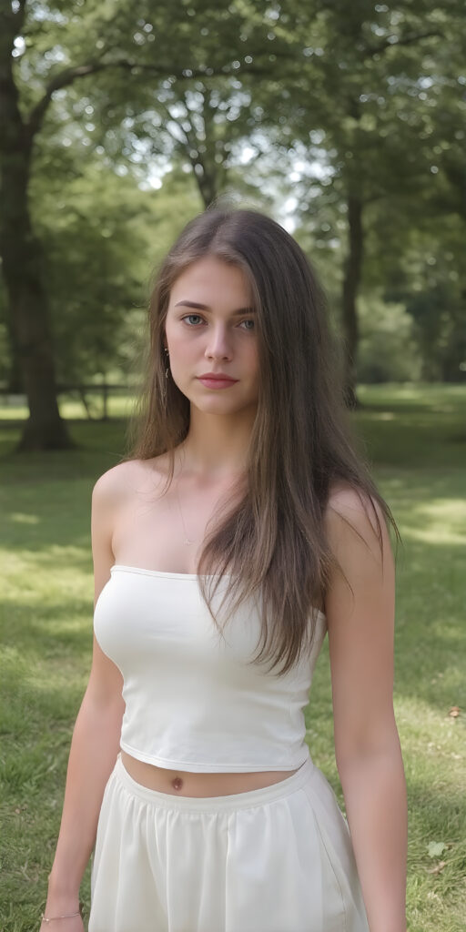 full body shot, a young adult teen girl in a green, sunny park, wearing a light, thin short summer dress (paired in a separate short, cropped tank top and short round skirt). She has a perfect curved fit body. Her long, brown straight soft full hair falls down her back, stand in front of the viewer and looks seductive, perfect belly button