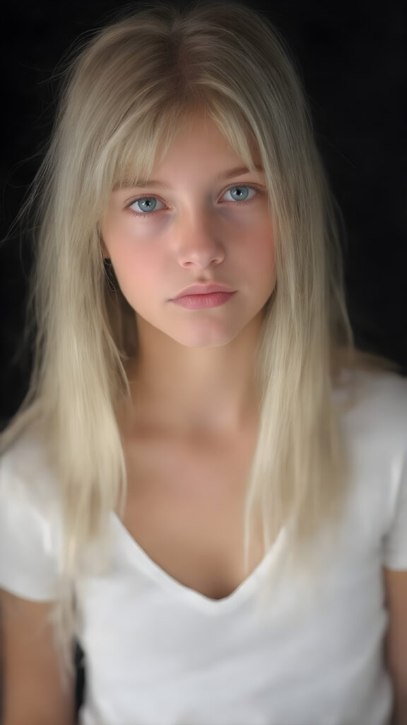 full body shot of a stunningly beautiful young girl, age 15, with ((white long straight jet hair (luminous)), flowing down to her waist, and (((bright amber eyes))), that match perfectly with her flawless complexion. She's dressed in a tight ((white short t-shirt, deep v-neck)), and ((cute (flared) jeans)), perfectly complemented by her (perfectly proportioned figure). Her look exudes seduction and playfulness, as she gazes directly at the viewer. Her focus on the camera is intense, with a soft, inviting expression that draws you in. The background is black, providing a perfect contrast to her youthful face, and making her features stand out perfectly.