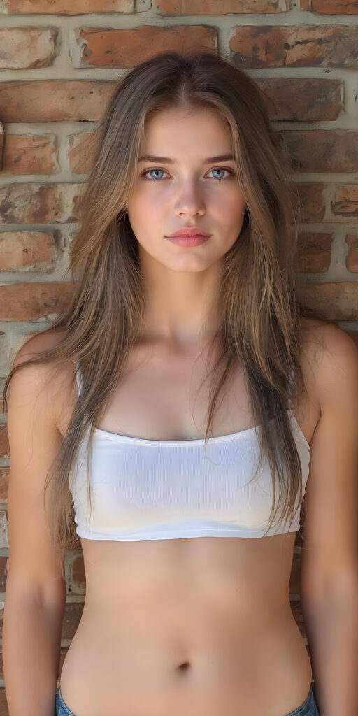 full body shot of a (((stunning gorgeous young teen girl))), with ((very long soft jet light brown hair, big light blue eyes)), perfect curved body, (her face illuminated by a warm, inviting glow), dressed in a ((short tight (white tank top) with ((blue thin straps)) and ((blue buttons)) on the sleeves)), standing confidently in front of a ((beautiful brick wall)). She exudes an air of confidence and allure, as she poses for a full-body shot that captures her perfectly toned and youthful thighs, and accentuates her slender, perfect bottom. The image exudes a sense of elegance and natural beauty, perfect for a high-resolution, UHD photo that showcases her full body elegantly, it's a sunny day