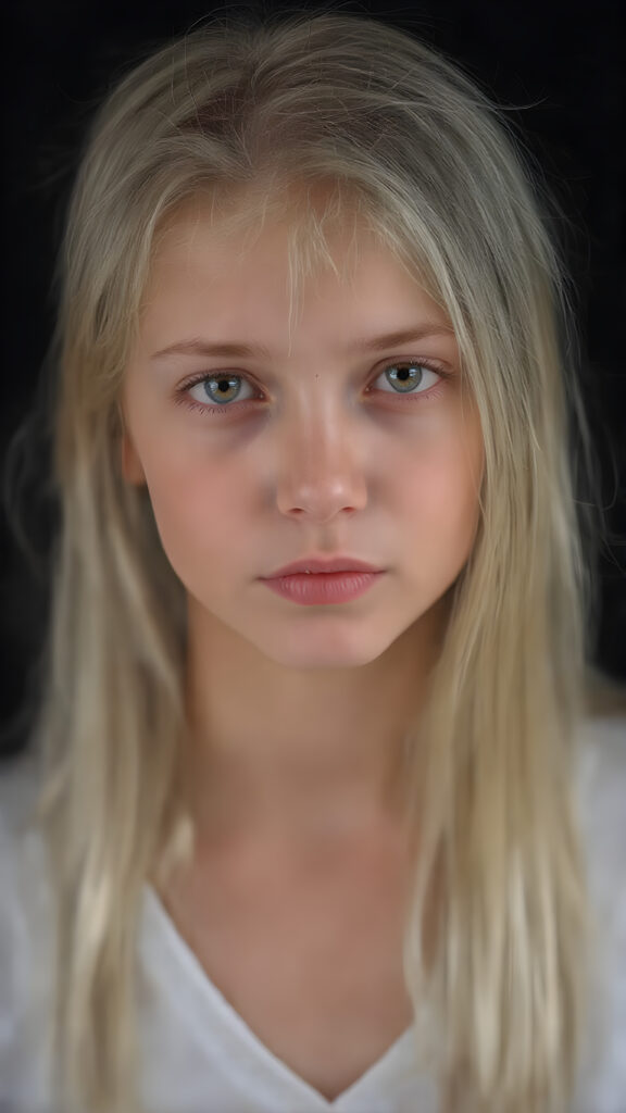 full body shot of a stunningly beautiful young girl, age 15, with ((white long straight jet hair (luminous)), flowing down to her waist, and (((bright amber eyes))), that match perfectly with her flawless complexion. She's dressed in a tight ((white short t-shirt, deep v-neck)), and ((cute (flared) jeans)), perfectly complemented by her (perfectly proportioned figure). Her look exudes seduction and playfulness, as she gazes directly at the viewer. Her focus on the camera is intense, with a soft, inviting expression that draws you in. The background is black, providing a perfect contrast to her youthful face, and making her features stand out perfectly.