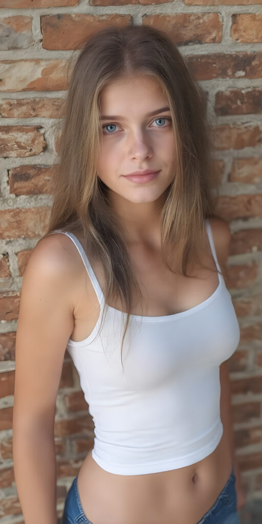 full body shot of a (((stunning gorgeous young teen girl))), with ((very long soft jet light brown hair, big light blue eyes)), perfect curved body, (her face illuminated by a warm, inviting glow), dressed in a ((short tight (white tank top) with ((blue thin straps)) and ((blue buttons)) on the sleeves)), standing confidently in front of a ((beautiful brick wall)). She exudes an air of confidence and allure, as she poses for a full-body shot that captures her perfectly toned and youthful thighs, and accentuates her slender, perfect bottom. The image exudes a sense of elegance and natural beauty, perfect for a high-resolution, UHD photo that showcases her full body elegantly, it's a sunny day