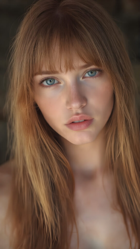 full body shot of a (((very beautiful young busty girl))) with ((extremely long, thin, jet soft straight vibrant red hair ((with a bang that gently frames her face)), natural looking ((pale skin)), and ((natural looking ((bright blue eyes)))) that are seductively open. Her lips are ((full, natural looking)) and ((perfectly curved))