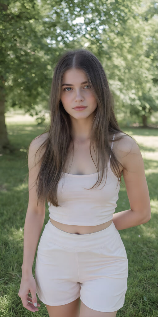 full body shot, a young adult teen girl in a green, sunny park, wearing a light, thin short summer dress (paired in a separate short, cropped tank top and short round skirt). She has a perfect curved fit body. Her long, brown straight soft full hair falls down her back, stand in front of the viewer and looks seductive, perfect belly button