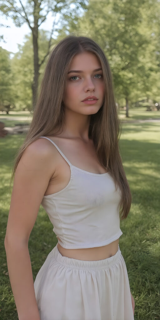 full body shot, a young adult teen girl in a green, sunny park, wearing a light, thin short summer dress (paired in a separate short, cropped tank top and short round skirt). She has a perfect curved fit body. Her long, brown straight soft full hair falls down her back, stand in front of the viewer and looks seductive, perfect belly button