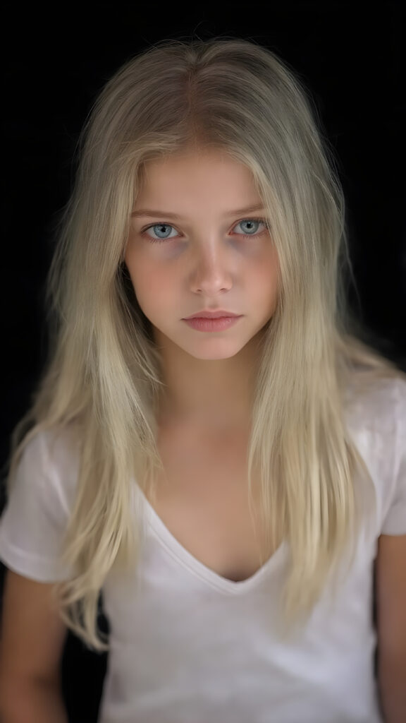 full body shot of a stunningly beautiful young girl, age 15, with ((white long straight jet hair (luminous)), flowing down to her waist, and (((bright amber eyes))), that match perfectly with her flawless complexion. She's dressed in a tight ((white short t-shirt, deep v-neck)), and ((cute (flared) jeans)), perfectly complemented by her (perfectly proportioned figure). Her look exudes seduction and playfulness, as she gazes directly at the viewer. Her focus on the camera is intense, with a soft, inviting expression that draws you in. The background is black, providing a perfect contrast to her youthful face, and making her features stand out perfectly.