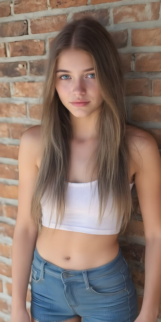 full body shot of a (((stunning gorgeous young teen girl))), with ((very long soft jet light brown hair, big light blue eyes)), perfect curved body, (her face illuminated by a warm, inviting glow), dressed in a ((short tight (white tank top) with ((blue thin straps)) and ((blue buttons)) on the sleeves)), standing confidently in front of a ((beautiful brick wall)). She exudes an air of confidence and allure, as she poses for a full-body shot that captures her perfectly toned and youthful thighs, and accentuates her slender, perfect bottom. The image exudes a sense of elegance and natural beauty, perfect for a high-resolution, UHD photo that showcases her full body elegantly, it's a sunny day