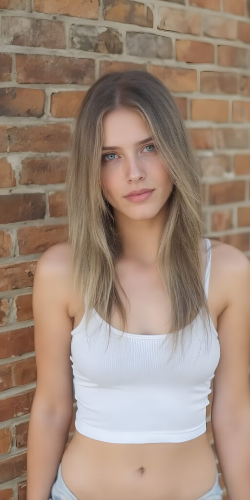 full body shot of a (((stunning gorgeous young teen girl))), with ((very long soft jet light brown hair, big light blue eyes)), perfect curved body, (her face illuminated by a warm, inviting glow), dressed in a ((short tight (white tank top) with ((blue thin straps)) and ((blue buttons)) on the sleeves)), standing confidently in front of a ((beautiful brick wall)). She exudes an air of confidence and allure, as she poses for a full-body shot that captures her perfectly toned and youthful thighs, and accentuates her slender, perfect bottom. The image exudes a sense of elegance and natural beauty, perfect for a high-resolution, UHD photo that showcases her full body elegantly, it's a sunny day