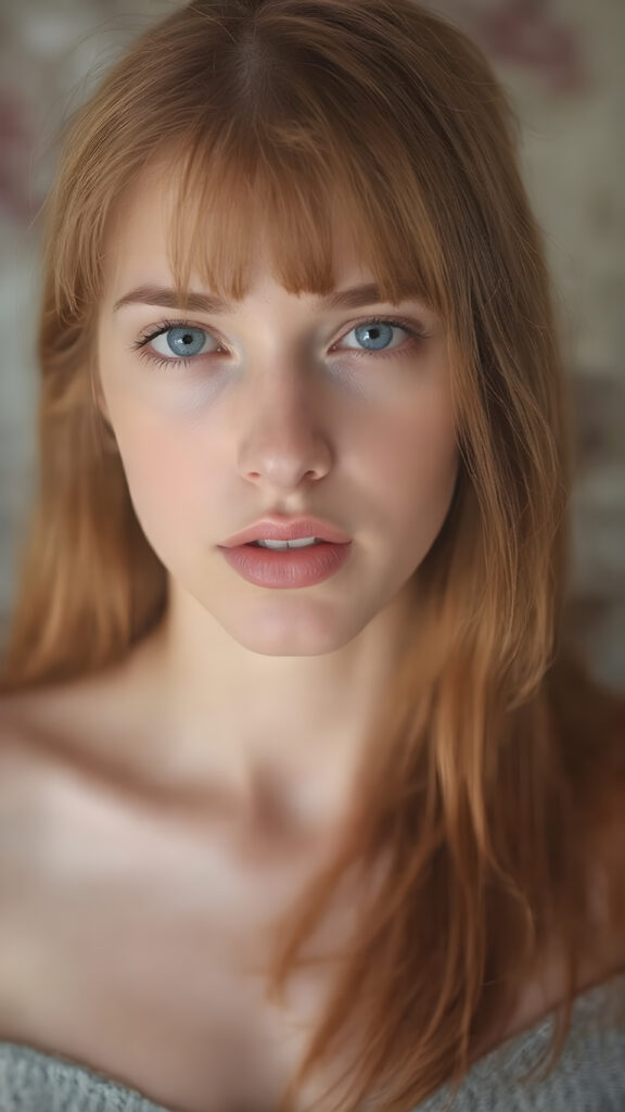 full body shot of a (((very beautiful young busty girl))) with ((extremely long, thin, jet soft straight vibrant red hair ((with a bang that gently frames her face)), natural looking ((pale skin)), and ((natural looking ((bright blue eyes)))) that are seductively open. Her lips are ((full, natural looking)) and ((perfectly curved))