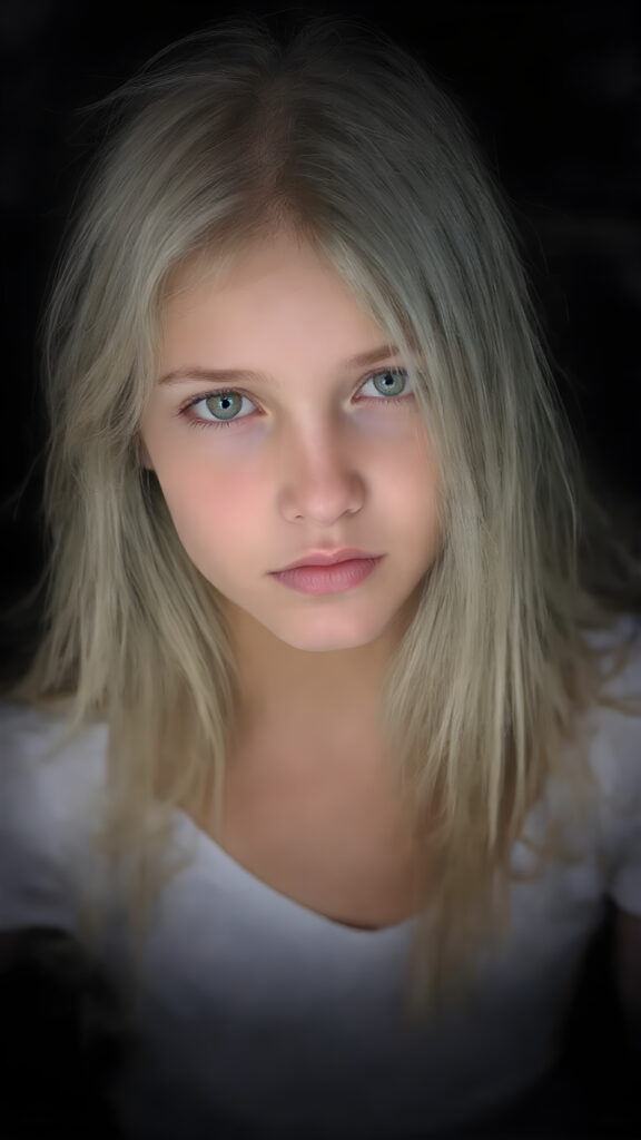 full body shot of a stunningly beautiful young girl, age 15, with ((white long straight jet hair (luminous)), flowing down to her waist, and (((bright amber eyes))), that match perfectly with her flawless complexion. She's dressed in a tight ((white short t-shirt, deep v-neck)), and ((cute (flared) jeans)), perfectly complemented by her (perfectly proportioned figure). Her look exudes seduction and playfulness, as she gazes directly at the viewer. Her focus on the camera is intense, with a soft, inviting expression that draws you in. The background is black, providing a perfect contrast to her youthful face, and making her features stand out perfectly.