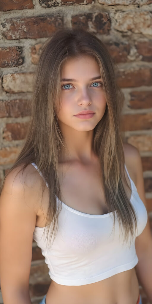 full body shot of a (((stunning gorgeous young teen girl))), with ((very long soft jet light brown hair, big light blue eyes)), perfect curved body, (her face illuminated by a warm, inviting glow), dressed in a ((short tight (white tank top) with ((blue thin straps)) and ((blue buttons)) on the sleeves)), standing confidently in front of a ((beautiful brick wall)). She exudes an air of confidence and allure, as she poses for a full-body shot that captures her perfectly toned and youthful thighs, and accentuates her slender, perfect bottom. The image exudes a sense of elegance and natural beauty, perfect for a high-resolution, UHD photo that showcases her full body elegantly, it's a sunny day