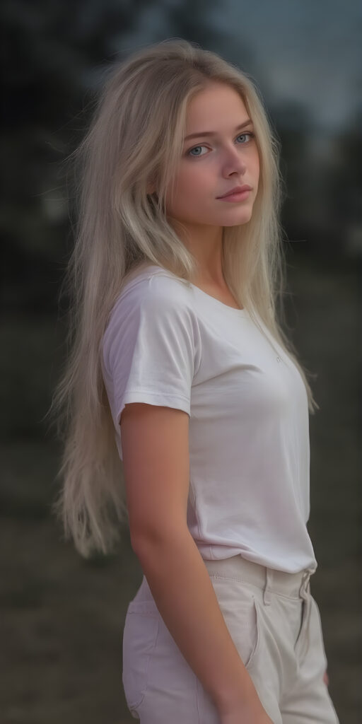 ((full body view)) of a (((very pretty and cute (teen girl) with long, straight white hair))) with (flawlessly pale skin) in a (((white)) t-shirt) and a (white cargo pants) against a backdrop of a (nightly backdrop), side view