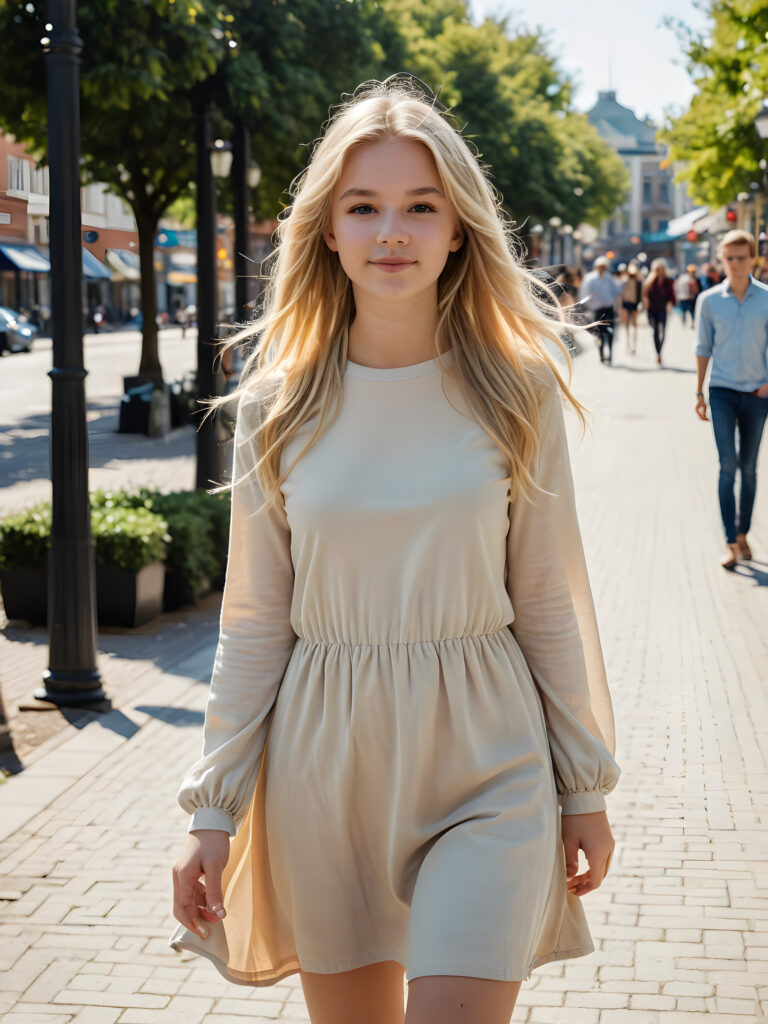 ((full body view)) of (((cute))) ((classy)) a beautifully (((cute blonde teen girl))) with long, flowing ((messy yet elegant blonde hair)), dressed in ((casually chic attire)) for a sunny day stroll. She exudes an air of sophistication while maintaining a youthful vibe