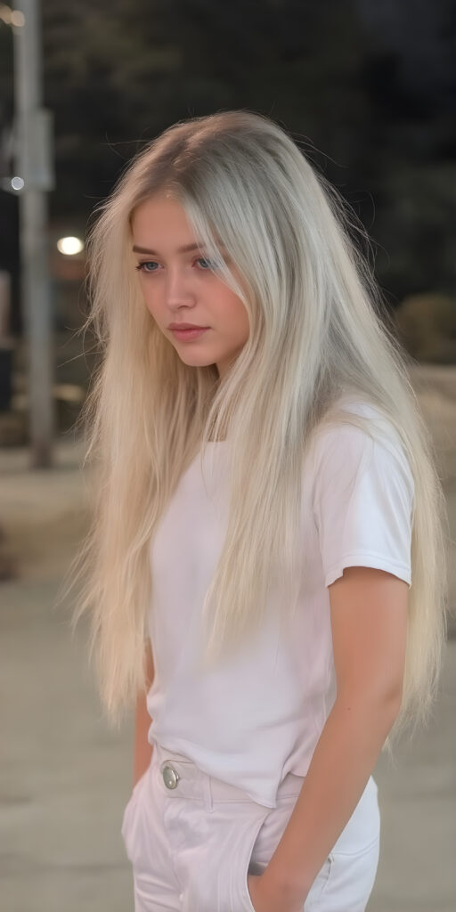 ((full body view)) of a (((very pretty and cute (teen girl) with long, straight white hair))) with (flawlessly pale skin) in a (((white)) t-shirt) and a (white cargo pants) against a backdrop of a (nightly backdrop), side view