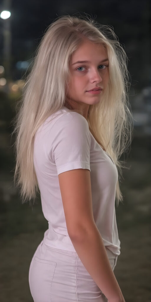 ((full body view)) of a (((very pretty and cute (teen girl) with long, straight white hair))) with (flawlessly pale skin) in a (((white)) t-shirt) and a (white cargo pants) against a backdrop of a (nightly backdrop), side view