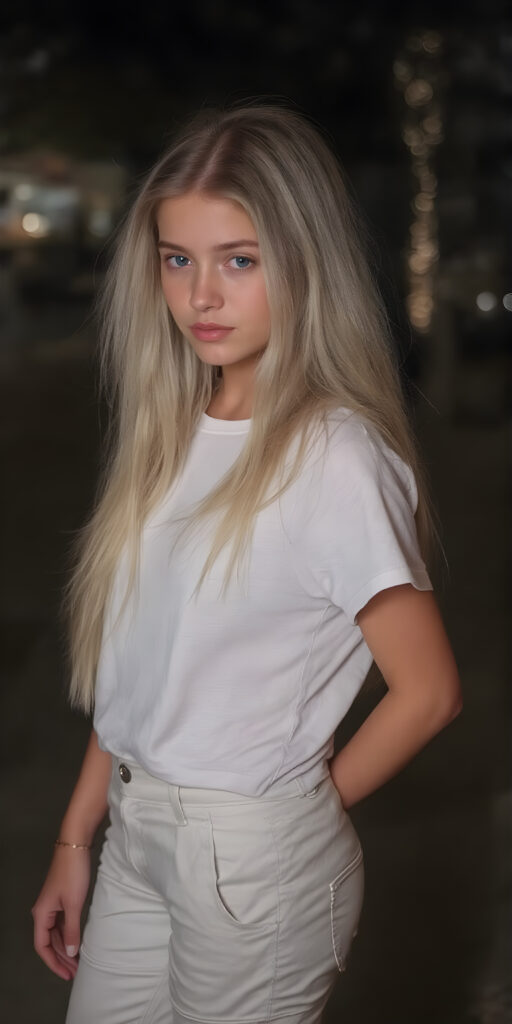 ((full body view)) of a (((very pretty and cute (teen girl) with long, straight white hair))) with (flawlessly pale skin) in a (((white)) t-shirt) and a (white cargo pants) against a backdrop of a (nightly backdrop), side view