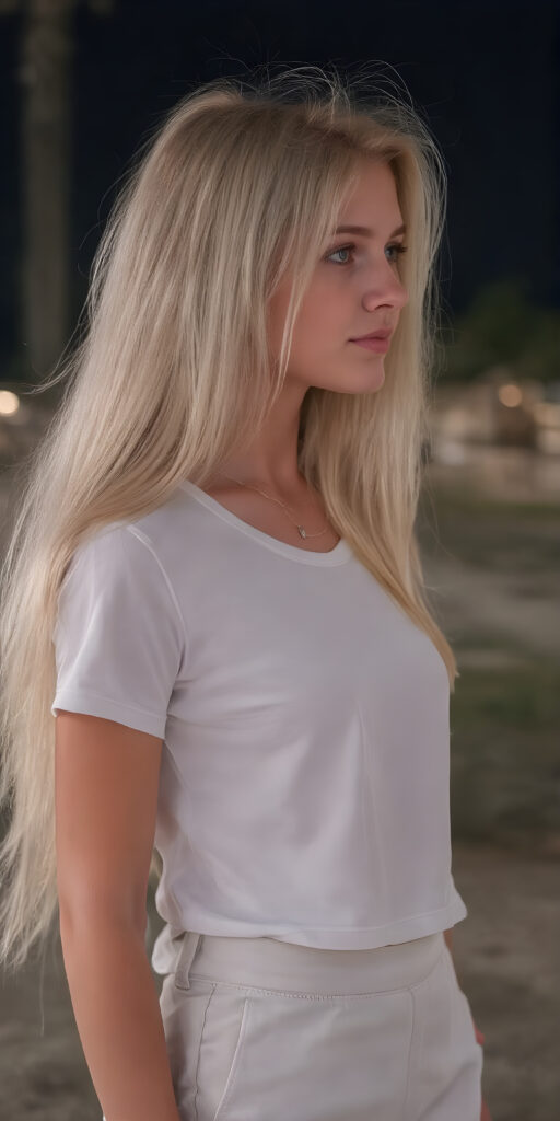 ((full body view)) of a (((very pretty and cute (teen girl) with long, straight white hair))) with (flawlessly pale skin) in a (((white)) t-shirt) and a (white cargo pants) against a backdrop of a (nightly backdrop), side view