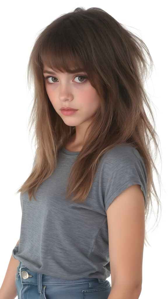 ((full body view)) of (((cute))) (((elegant))) ((attractive)) (((long, messy, straight hair))) ((stunning)) a beautifully realistic, cinematic lights, teen girl, bangs haircut, detailed hair, realistic detailed angelic face, ((realistic detailed brown eye)) looks sadly at the camera, portrait shot, perfect curved, wears a super short tight (grey shirt) made on thin silk, super short jeans pants, perfect anatomy, white background, side perspective, ((no background))