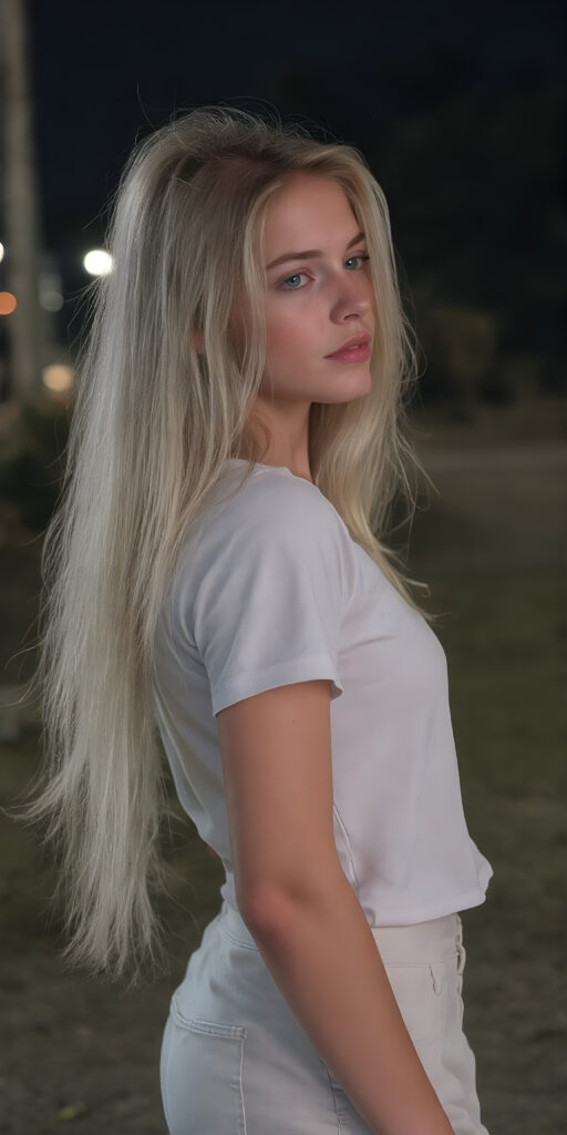 ((full body view)) of a (((very pretty and cute (teen girl) with long, straight white hair))) with (flawlessly pale skin) in a (((white)) t-shirt) and a (white cargo pants) against a backdrop of a (nightly backdrop), side view