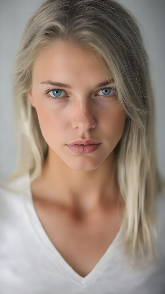 full upper body portrait with focus on the central figure. the girl should have a beautiful and flawless complexion, clear shiny jet skin, straight long white hair with some blue highlights, and intense bright blue eyes. she's wearing a tight white t-shirt with a deep v-neck that shows off her toned and tan shoulders. the background should be a simple grey and white gradient to emphasize the stunning beauty of the girl. perfection, high quality, detailed, vivid colors. focus on the face of the girl to capture its intricate details.