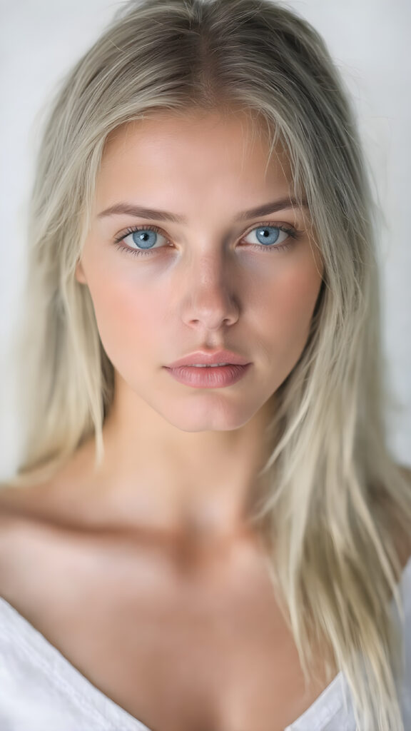 full upper body portrait with focus on the central figure. the girl should have a beautiful and flawless complexion, clear shiny jet skin, straight long white hair with some blue highlights, and intense bright blue eyes. she's wearing a tight white t-shirt with a deep v-neck that shows off her toned and tan shoulders. the background should be a simple grey and white gradient to emphasize the stunning beauty of the girl. perfection, high quality, detailed, vivid colors. focus on the face of the girl to capture its intricate details.