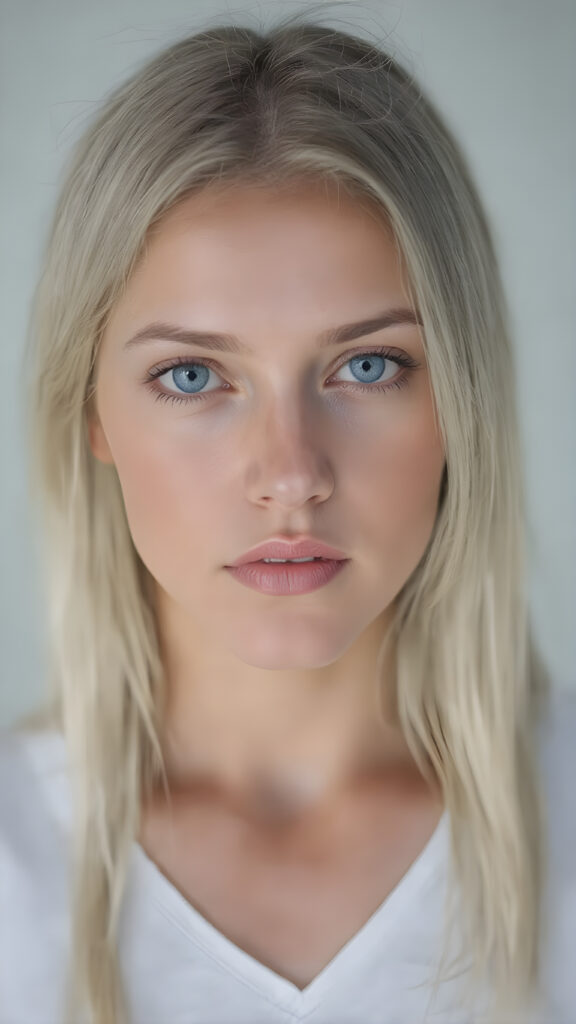 full upper body portrait with focus on the central figure. the girl should have a beautiful and flawless complexion, clear shiny jet skin, straight long white hair with some blue highlights, and intense bright blue eyes. she's wearing a tight white t-shirt with a deep v-neck that shows off her toned and tan shoulders. the background should be a simple grey and white gradient to emphasize the stunning beauty of the girl. perfection, high quality, detailed, vivid colors. focus on the face of the girl to capture its intricate details.