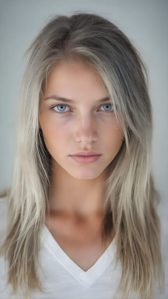 full upper body portrait with focus on the central figure. the girl should have a beautiful and flawless complexion, clear shiny jet skin, straight long white hair with some blue highlights, and intense bright blue eyes. she's wearing a tight white t-shirt with a deep v-neck that shows off her toned and tan shoulders. the background should be a simple grey and white gradient to emphasize the stunning beauty of the girl. perfection, high quality, detailed, vivid colors. focus on the face of the girl to capture its intricate details.