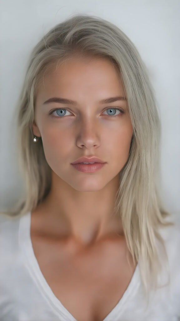 full upper body portrait with focus on the central figure. the girl should have a beautiful and flawless complexion, clear shiny jet skin, straight long white hair with some blue highlights, and intense bright blue eyes. she's wearing a tight white t-shirt with a deep v-neck that shows off her toned and tan shoulders. the background should be a simple grey and white gradient to emphasize the stunning beauty of the girl. perfection, high quality, detailed, vivid colors. focus on the face of the girl to capture its intricate details.