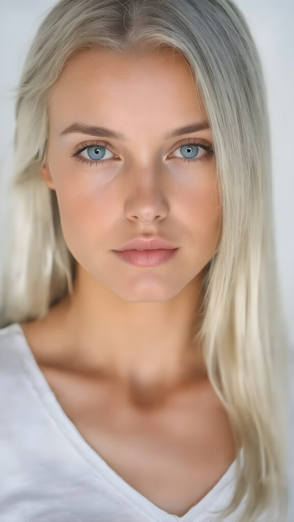 full upper body portrait with focus on the central figure. the girl should have a beautiful and flawless complexion, clear shiny jet skin, straight long white hair with some blue highlights, and intense bright blue eyes. she's wearing a tight white t-shirt with a deep v-neck that shows off her toned and tan shoulders. the background should be a simple grey and white gradient to emphasize the stunning beauty of the girl. perfection, high quality, detailed, vivid colors. focus on the face of the girl to capture its intricate details.