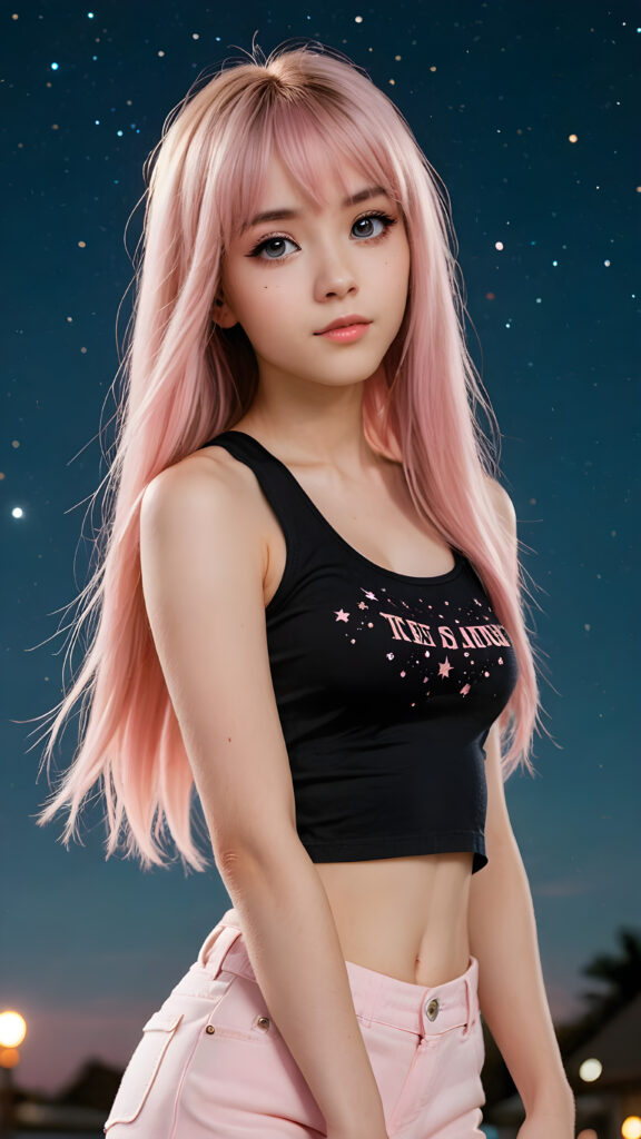 generate a photo realistic image of a (((realistically petite emo girl with ((long soft light pink straight hair)), bangs cut, wears a short form-fitting cropped black tank top))) featuring intricate details and realistic textures that mimic the look of (((amber eyes))), paired with a (((starry night sky))) backdrop. The scene should embody the (((passionately emotive style))) associated with the name, bringing together the (softly twinkling starlight) and (deeply felt emotional depth) that define this captivating aesthetic