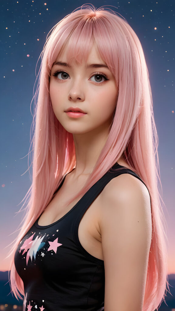 generate a photo realistic image of a (((realistically petite emo girl with ((long soft light pink straight hair)), bangs cut, wears a short form-fitting cropped black tank top))) featuring intricate details and realistic textures that mimic the look of (((amber eyes))), paired with a (((starry night sky))) backdrop. The scene should embody the (((passionately emotive style))) associated with the name, bringing together the (softly twinkling starlight) and (deeply felt emotional depth) that define this captivating aesthetic