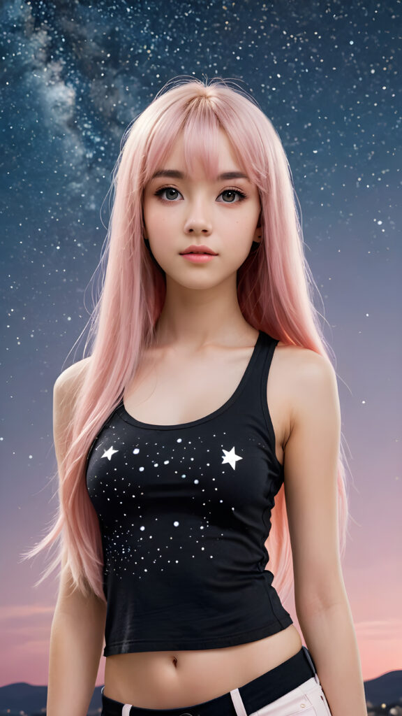 generate a photo realistic image of a (((realistically petite emo girl with ((long soft light pink straight hair)), bangs cut, wears a short form-fitting cropped black tank top))) featuring intricate details and realistic textures that mimic the look of (((amber eyes))), paired with a (((starry night sky))) backdrop. The scene should embody the (((passionately emotive style))) associated with the name, bringing together the (softly twinkling starlight) and (deeply felt emotional depth) that define this captivating aesthetic