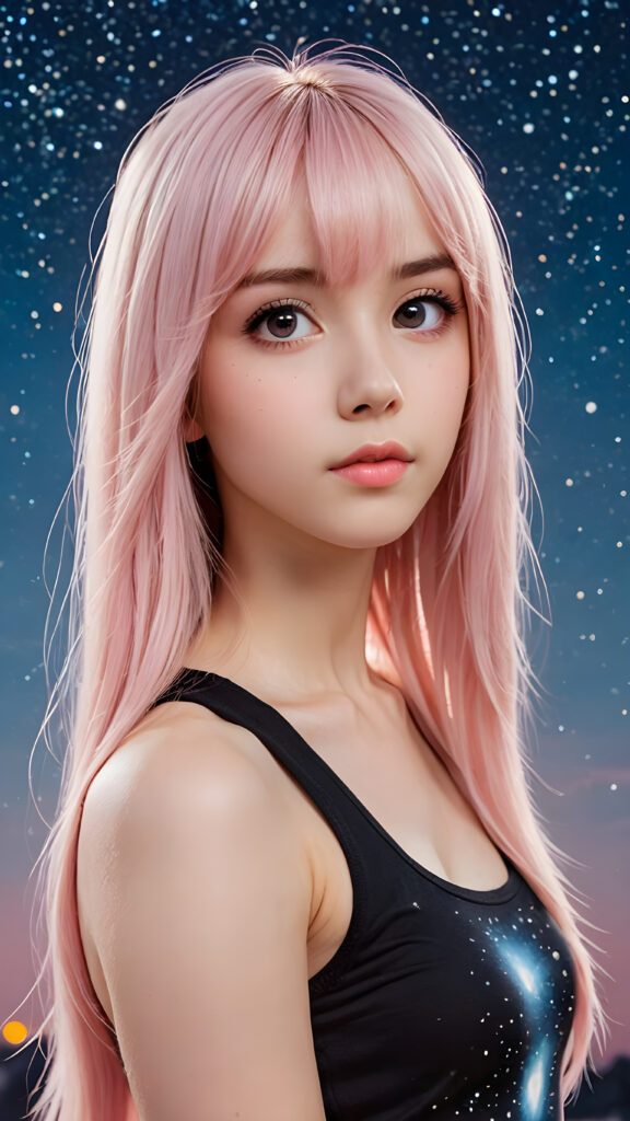 generate a photo realistic image of a (((realistically petite emo girl with ((long soft light pink straight hair)), bangs cut, wears a short form-fitting cropped black tank top))) featuring intricate details and realistic textures that mimic the look of (((amber eyes))), paired with a (((starry night sky))) backdrop. The scene should embody the (((passionately emotive style))) associated with the name, bringing together the (softly twinkling starlight) and (deeply felt emotional depth) that define this captivating aesthetic