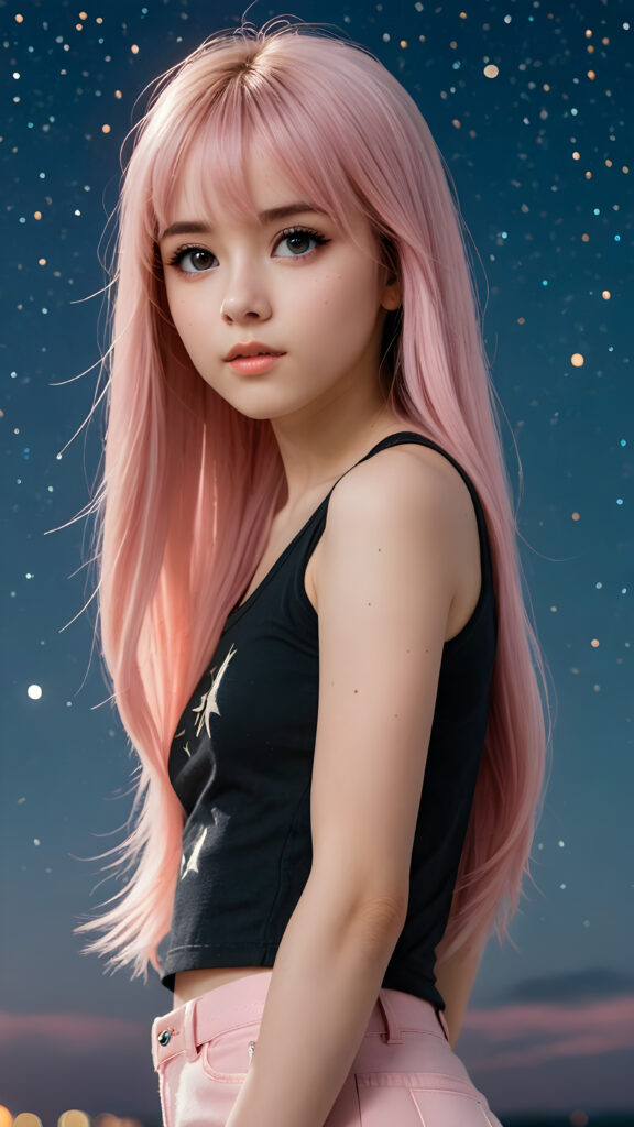 generate a photo realistic image of a (((realistically petite emo girl with ((long soft light pink straight hair)), bangs cut, wears a short form-fitting cropped black tank top))) featuring intricate details and realistic textures that mimic the look of (((amber eyes))), paired with a (((starry night sky))) backdrop. The scene should embody the (((passionately emotive style))) associated with the name, bringing together the (softly twinkling starlight) and (deeply felt emotional depth) that define this captivating aesthetic