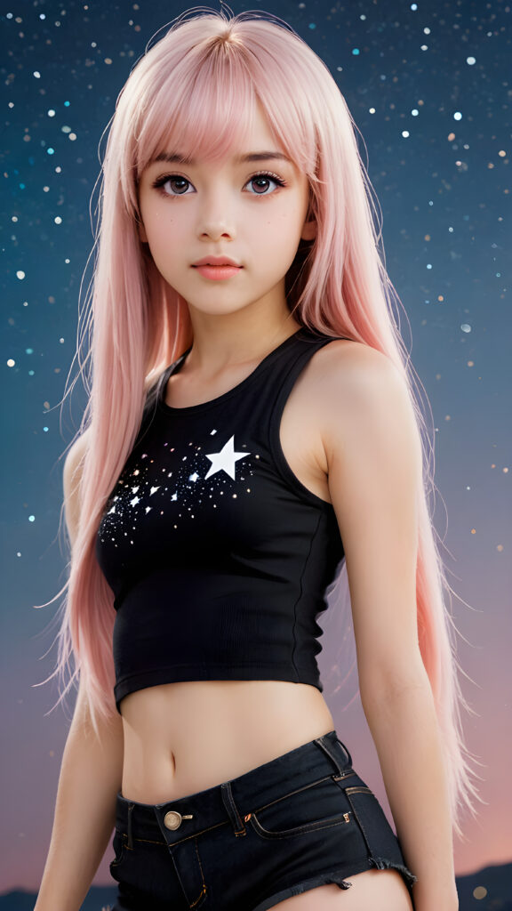 generate a photo realistic image of a (((realistically petite emo girl with ((long soft light pink straight hair)), bangs cut, wears a short form-fitting cropped black tank top))) featuring intricate details and realistic textures that mimic the look of (((amber eyes))), paired with a (((starry night sky))) backdrop. The scene should embody the (((passionately emotive style))) associated with the name, bringing together the (softly twinkling starlight) and (deeply felt emotional depth) that define this captivating aesthetic