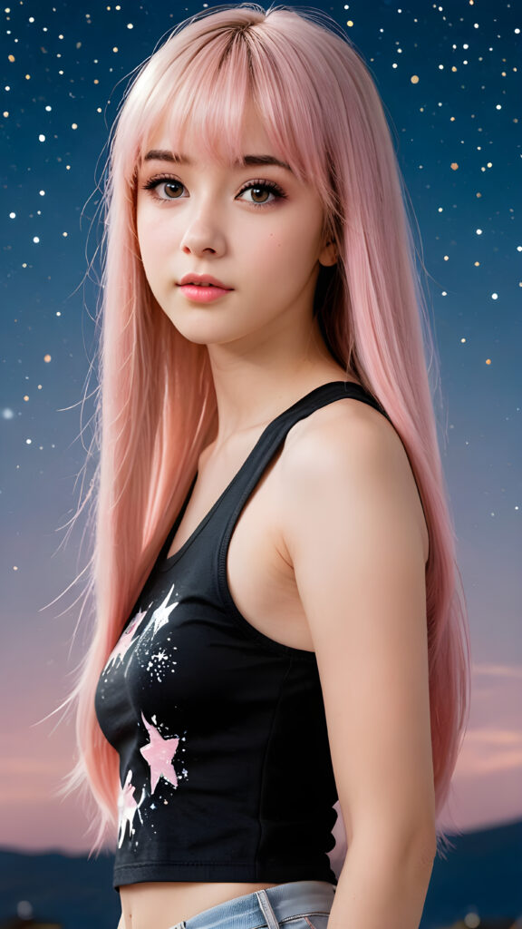 generate a photo realistic image of a (((realistically petite emo girl with ((long soft light pink straight hair)), bangs cut, wears a short form-fitting cropped black tank top))) featuring intricate details and realistic textures that mimic the look of (((amber eyes))), paired with a (((starry night sky))) backdrop. The scene should embody the (((passionately emotive style))) associated with the name, bringing together the (softly twinkling starlight) and (deeply felt emotional depth) that define this captivating aesthetic