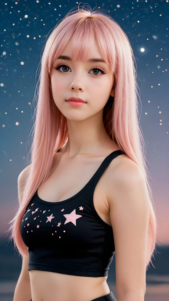 generate a photo realistic image of a (((realistically petite emo girl with ((long soft light pink straight hair)), bangs cut, wears a short form-fitting cropped black tank top))) featuring intricate details and realistic textures that mimic the look of (((amber eyes))), paired with a (((starry night sky))) backdrop. The scene should embody the (((passionately emotive style))) associated with the name, bringing together the (softly twinkling starlight) and (deeply felt emotional depth) that define this captivating aesthetic