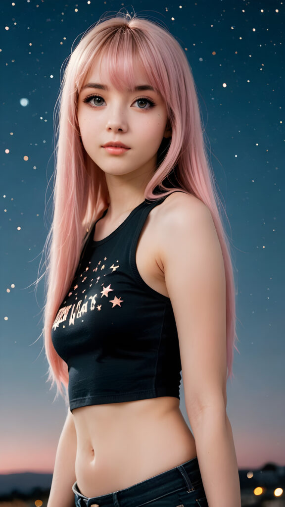 generate a photo realistic image of a (((realistically petite emo girl with ((long soft light pink straight hair)), bangs cut, wears a short form-fitting cropped black tank top))) featuring intricate details and realistic textures that mimic the look of (((amber eyes))), paired with a (((starry night sky))) backdrop. The scene should embody the (((passionately emotive style))) associated with the name, bringing together the (softly twinkling starlight) and (deeply felt emotional depth) that define this captivating aesthetic