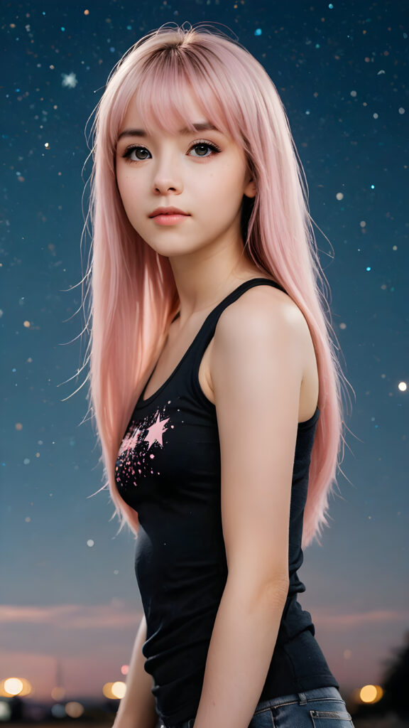 generate a photo realistic image of a (((realistically petite emo girl with ((long soft light pink straight hair)), bangs cut, wears a short form-fitting cropped black tank top))) featuring intricate details and realistic textures that mimic the look of (((amber eyes))), paired with a (((starry night sky))) backdrop. The scene should embody the (((passionately emotive style))) associated with the name, bringing together the (softly twinkling starlight) and (deeply felt emotional depth) that define this captivating aesthetic