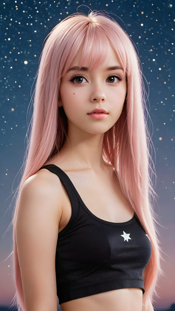 generate a photo realistic image of a (((realistically petite emo girl with ((long soft light pink straight hair)), bangs cut, wears a short form-fitting cropped black tank top))) featuring intricate details and realistic textures that mimic the look of (((amber eyes))), paired with a (((starry night sky))) backdrop. The scene should embody the (((passionately emotive style))) associated with the name, bringing together the (softly twinkling starlight) and (deeply felt emotional depth) that define this captivating aesthetic