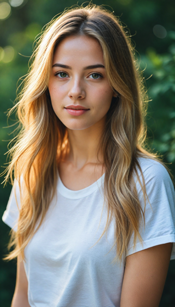 a stunning and gorgeous young girl with soft, long straight jet gold hair, captured in a perfect portrait style. She wears a simple white t-shirt that contrasts beautifully with her radiant features. The background is a dreamy, blurred landscape bathed in soft pastel colors, reminiscent of an impressionist painting. The lighting is warm and ethereal, highlighting her expressive eyes and gentle smile, evoking a sense of serenity and grace.