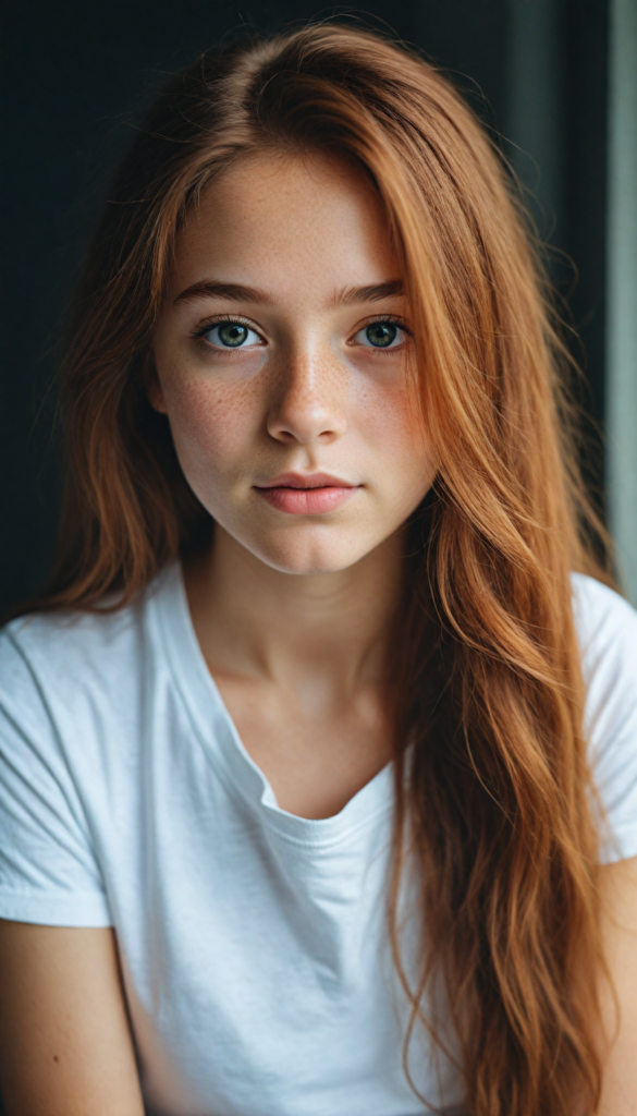 a stunning young detailed girl, soft long auburn hair, perfect portrait, white t-shirt