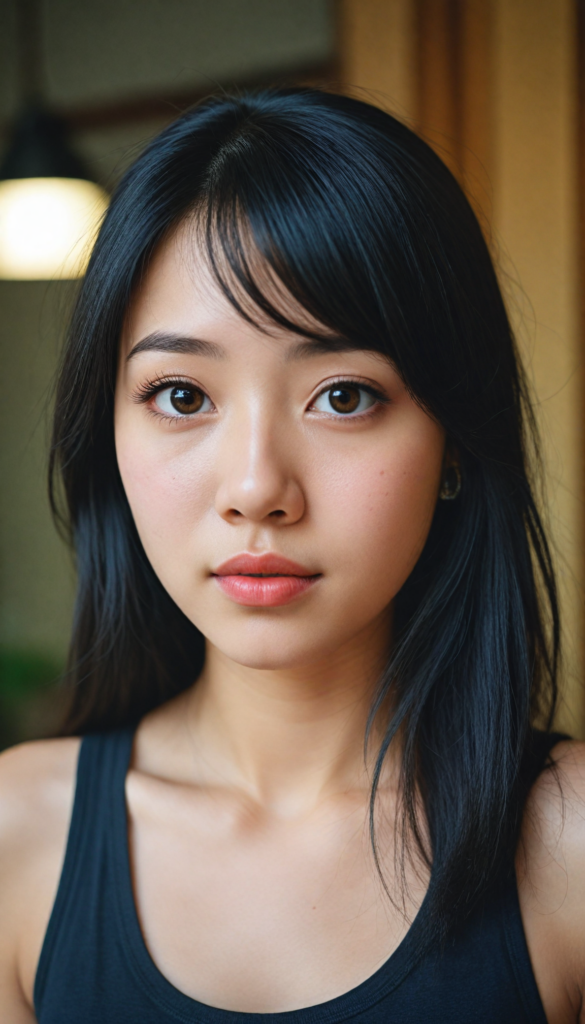 a (beautifully realistic cute Japanese teen girl, she looks seductive), with long, flowing, voluminous, obsidian black soft hair, flawless (porcelain skin), a small flawless nose, and rosy red lips, amber eyes, dressed in a (plain very short tight revealing translucent tank top), posing confidently, Korean