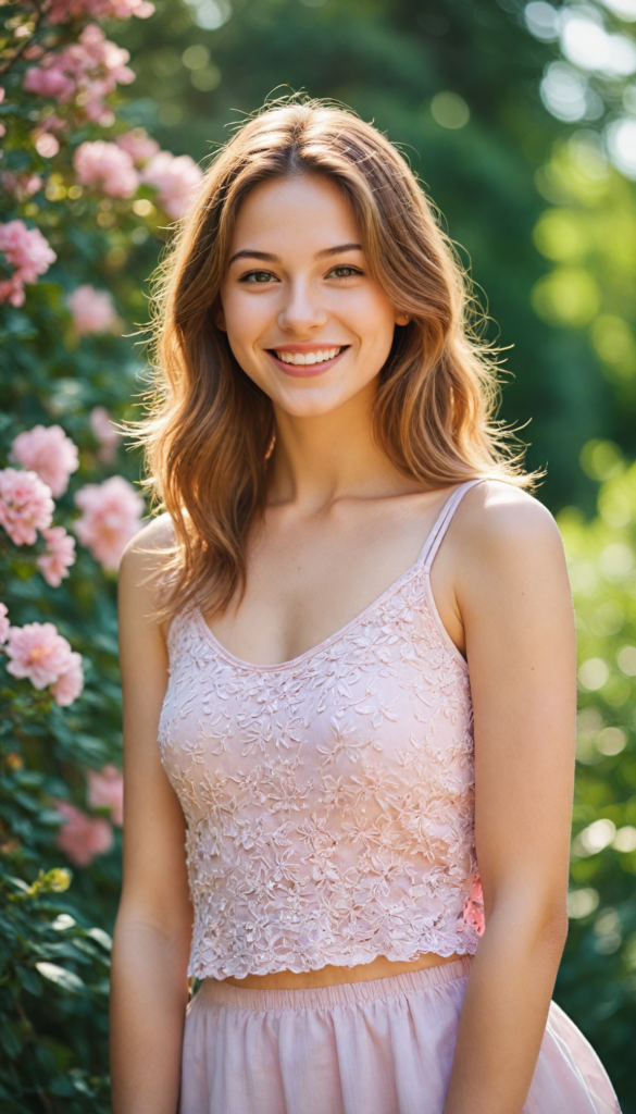 a vivacious teen girl with an infectious and radiant smile, adorned in a stylishly tailored short crop pink tank top that elegantly accentuates her graceful curves, captured in a breathtaking portrait reminiscent of a contemporary fashion illustration, featuring long, lustrous, straight hazelnut hair that gracefully cascades down her shoulders like a waterfall, bathed in warm sunlight filtering through a blooming garden, with soft bokeh effects and delicate floral accents enhancing the joyous atmosphere.