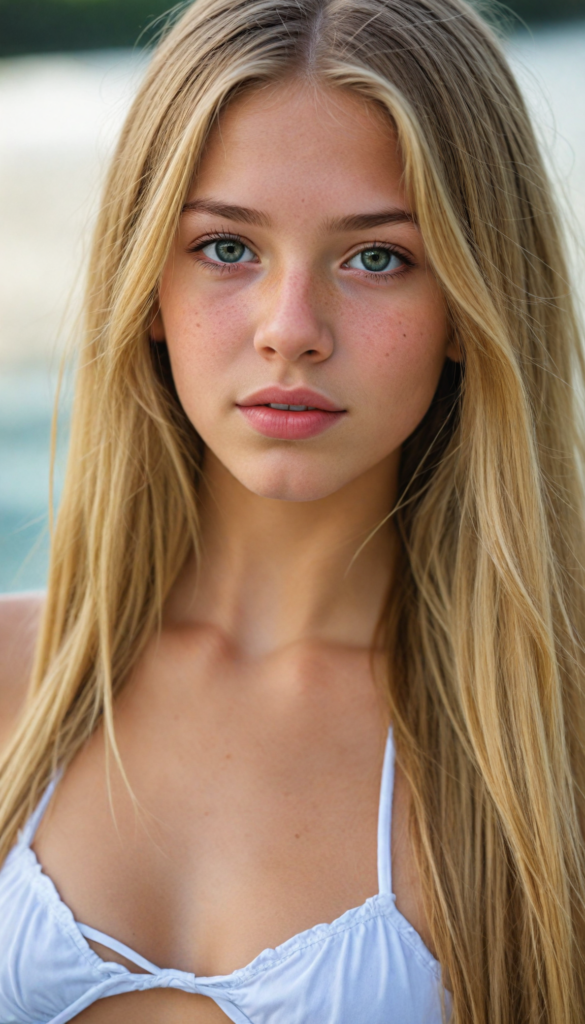 a upper-body portrait from a cute young girl with long, straight gold hair, super detailed face, detailed eyes, full lips, white bikini