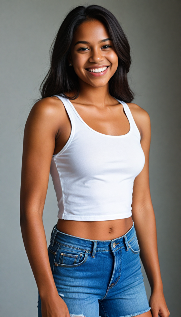 a (brown-skinned teen girl) with a joyful and sunny smile, wearing a sleek and fitted short crop white tank top that showcases her perfect, curves, captured in a (flawless portrait), with black long straight smooth hair